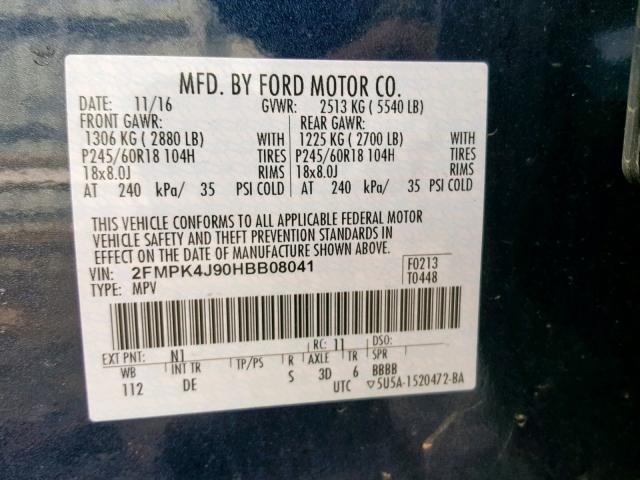 2FMPK4J90HBB08041 - 2017 FORD EDGE SEL BLUE photo 10