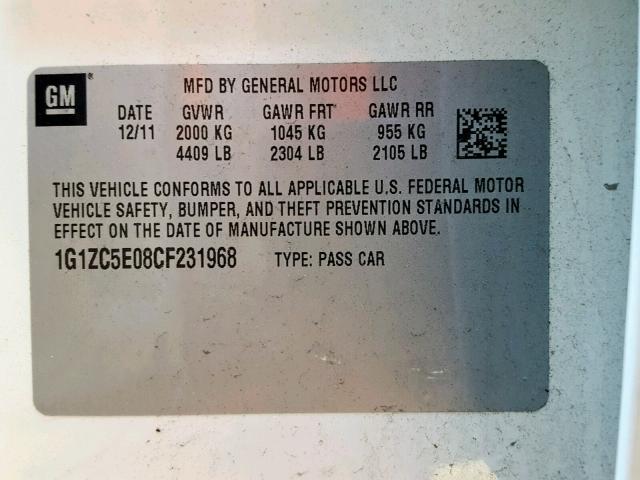 1G1ZC5E08CF231968 - 2012 CHEVROLET MALIBU 1LT 白色 照片 10