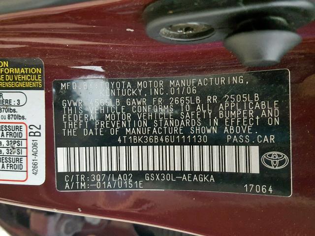 4T1BK36B46U111130 - 2006 TOYOTA AVALON MAROON photo 10