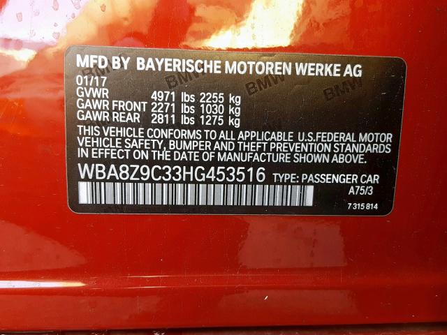 WBA8Z9C33HG453516 - 2017 BMW 330 XIGT RED photo 10