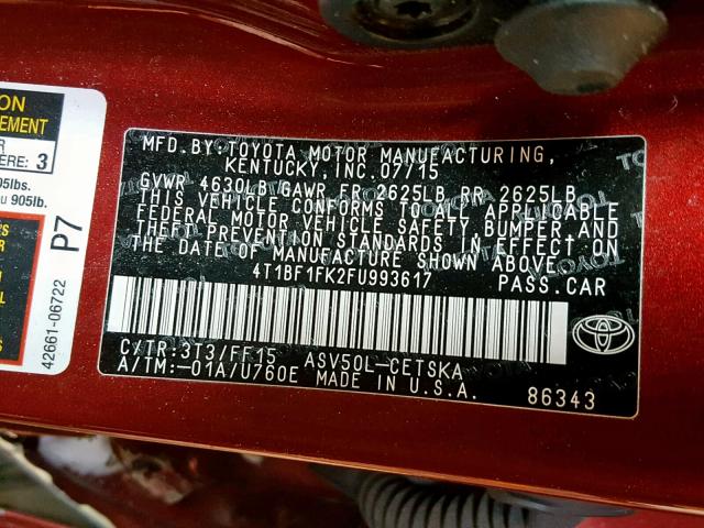 4T1BF1FK2FU993617 - 2015 TOYOTA CAMRY LE RED photo 10