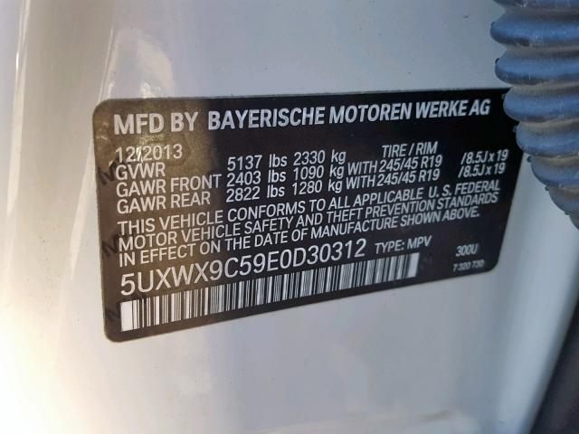 5UXWX9C59E0D30312 - 2014 BMW X3 XDRIVE2 WHITE photo 10