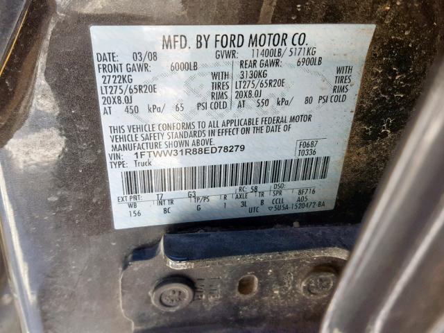 1FTWW31R88ED78279 - 2008 FORD F350 SRW S GRAY photo 10