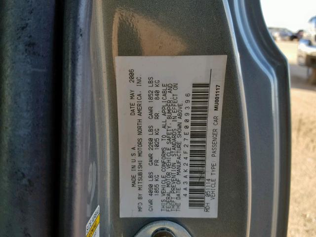 4A3AK24F27E009396 - 2007 MITSUBISHI ECLIPSE GS GRAY photo 10