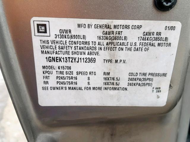 1GNEK13T2YJ112369 - 2000 CHEVROLET TAHOE K150 TAN photo 10