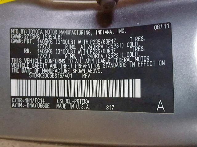 5TDKK3DC5BS167401 - 2011 TOYOTA SIENNA LE CHARCOAL photo 10