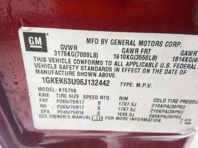 1GKEK63U96J132442 - 2006 GMC YUKON DENA MAROON photo 10