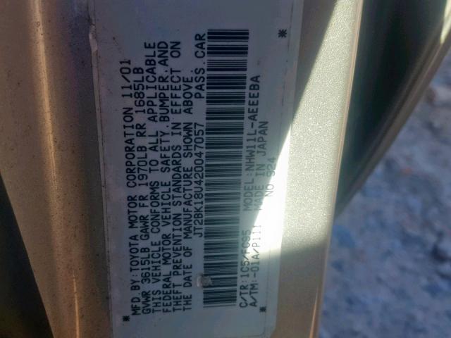 JT2BK18U420047057 - 2002 TOYOTA PRIUS SILVER photo 10