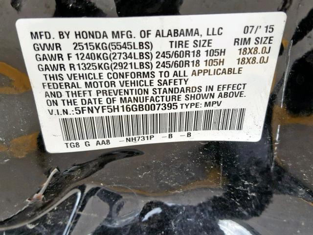 5FNYF5H16GB007395 - 2016 HONDA PILOT LX BLACK photo 10