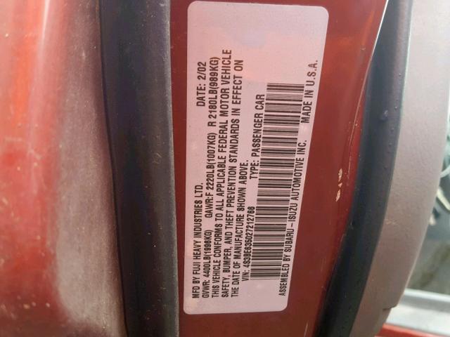 4S3BE635027212766 - 2002 SUBARU LEGACY L RED photo 10