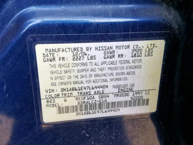 3N1AB61E47L644404 - 2007 NISSAN SENTRA 2.0 BLUE photo 10