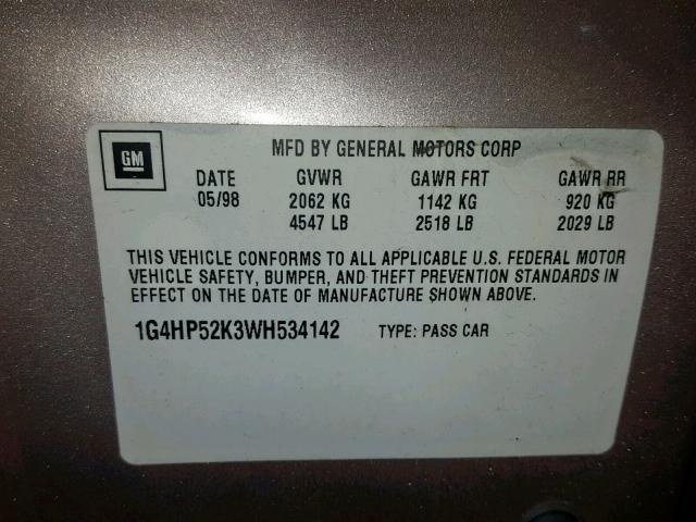 1G4HP52K3WH534142 - 1998 BUICK LESABRE CU GOLD photo 10