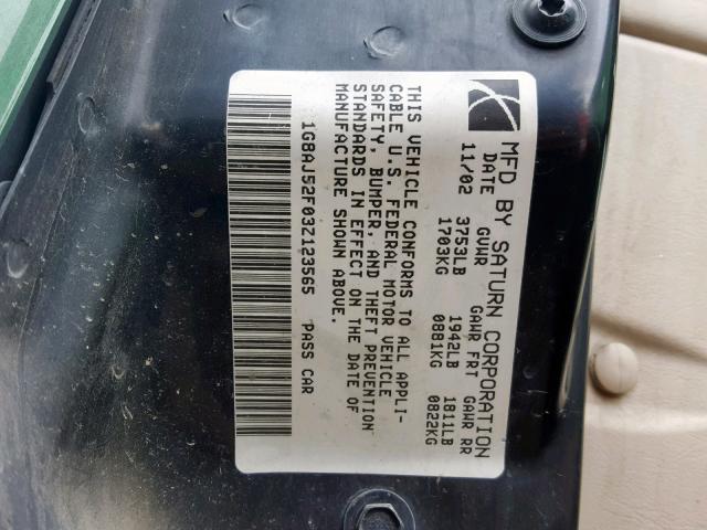 1G8AJ52F03Z123565 - 2003 SATURN ION LEVEL GREEN photo 10