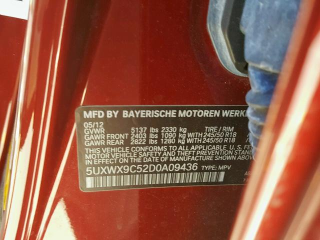 5UXWX9C52D0A09436 - 2013 BMW X3 XDRIVE2 RED photo 10
