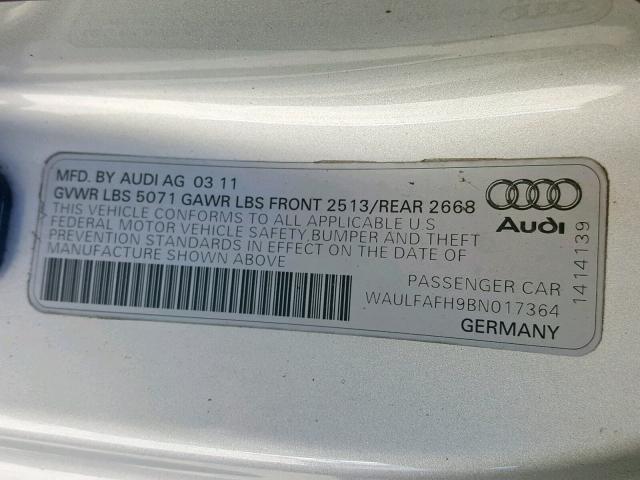 WAULFAFH9BN017364 - 2011 AUDI A5 PREMIUM SILVER photo 10