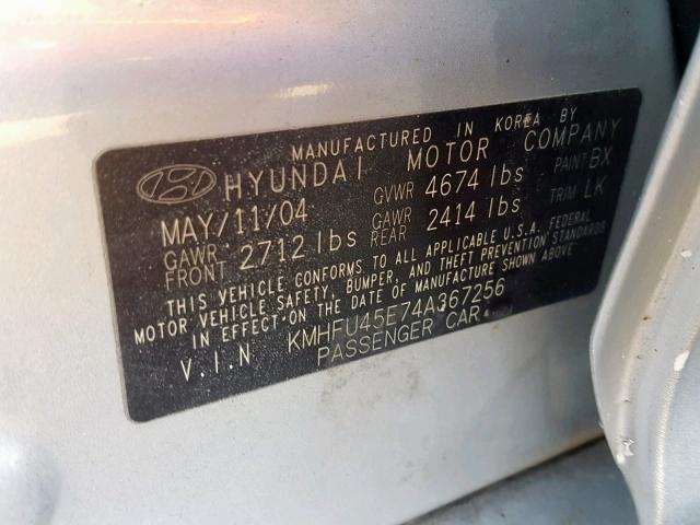 KMHFU45E74A367256 - 2004 HYUNDAI XG 350 SILVER photo 10