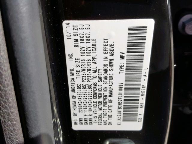 5J8TB3H52FL010692 - 2015 ACURA RDX TECHNO BLACK photo 10