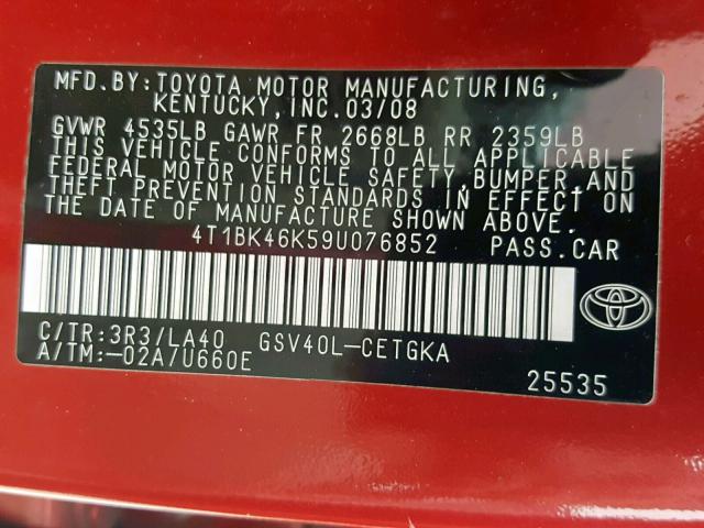 4T1BK46K59U076852 - 2009 TOYOTA CAMRY SE RED photo 10