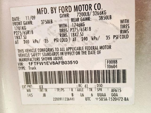 1FTFW1EV8AFB03510 - 2010 FORD F150 SUPER GRAY photo 10