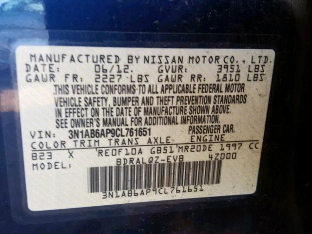 3N1AB6AP9CL761651 - 2012 NISSAN SENTRA 2.0 BLUE photo 10