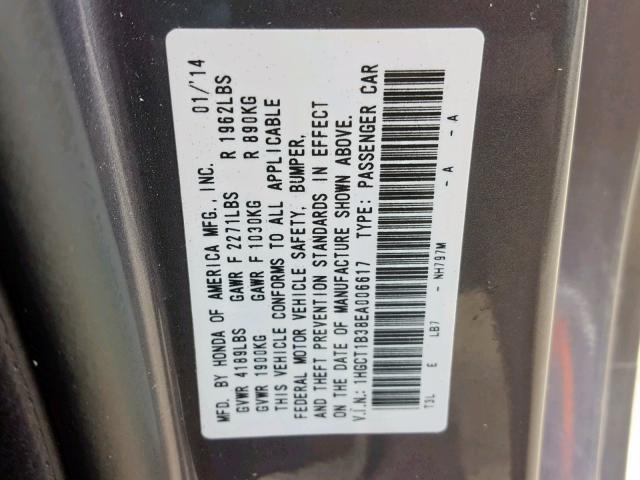 1HGCT1B38EA006617 - 2014 HONDA ACCORD LX- GRAY photo 10