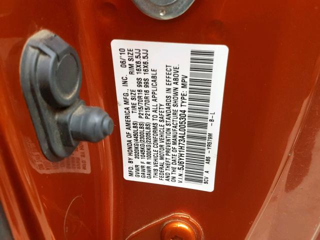 5J6YH1H73AL005304 - 2010 HONDA ELEMENT EX ORANGE photo 10