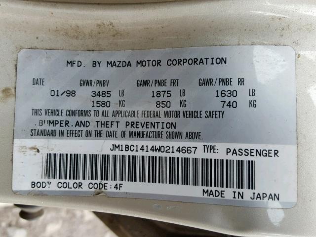 JM1BC1414W0214667 - 1998 MAZDA PROTEGE DX TAN photo 10