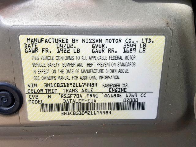 3N1CB51D92L674484 - 2002 NISSAN SENTRA XE GOLD photo 10