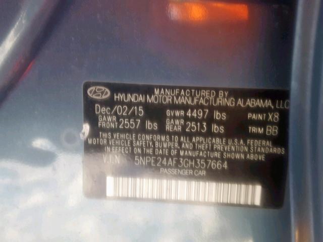 5NPE24AF3GH357664 - 2016 HYUNDAI SONATA SE BLUE photo 10