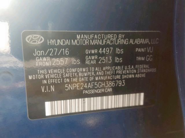 5NPE24AF5GH386793 - 2016 HYUNDAI SONATA SE BLUE photo 10