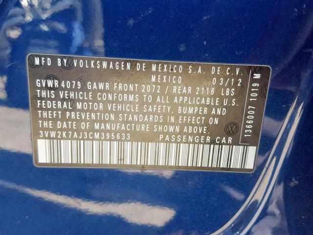 3VW2K7AJ3CM395633 - 2012 VOLKSWAGEN JETTA BASE Կապույտ լուսանկար 10