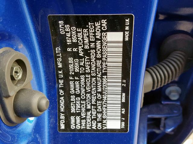 SHHFK7H40JU233964 - 2018 HONDA CIVIC SPOR BLUE photo 10