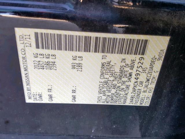 1N4BL2APXCN497529 - 2012 NISSAN ALTIMA SR BLACK photo 10