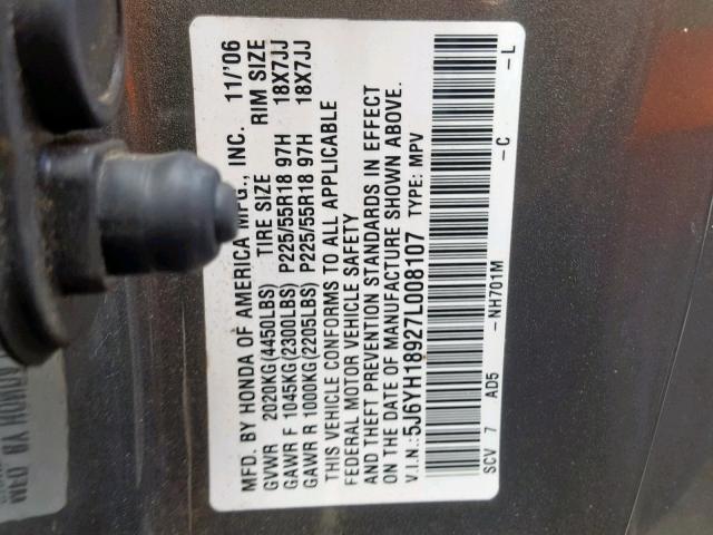 5J6YH18927L008107 - 2007 HONDA ELEMENT SC GRAY photo 10