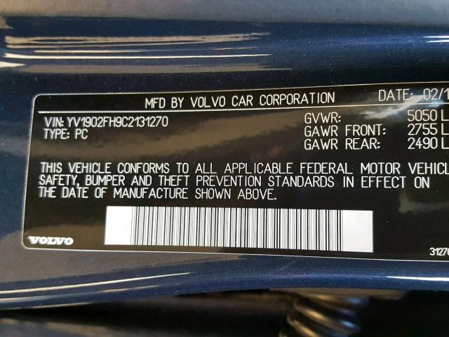 YV1902FH9C2131270 - 2012 VOLVO S60 T6 BLUE photo 10