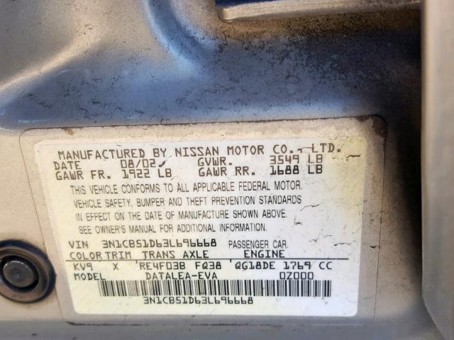 3N1CB51D63L696668 - 2003 NISSAN SENTRA XE GRAY photo 10