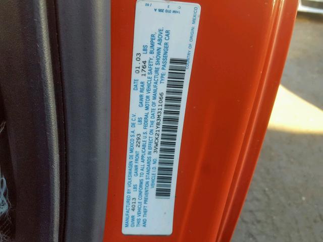 3VWCK21Y83M311066 - 2003 VOLKSWAGEN NEW BEETLE Narıncı foto 10