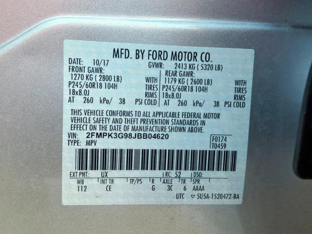 2FMPK3G98JBB04620 - 2018 FORD EDGE SE SILVER photo 10