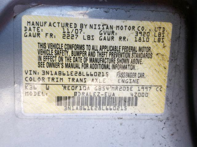 3N1AB61E28L660215 - 2008 NISSAN SENTRA 2.0 GRAY photo 10