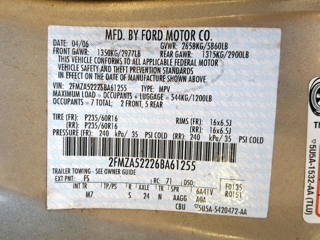 2FMZA52226BA61255 - 2006 FORD FREESTAR S GRAY photo 10