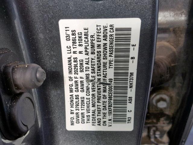 19XFB2F98CE000149 - 2012 HONDA CIVIC EXL GRAY photo 10