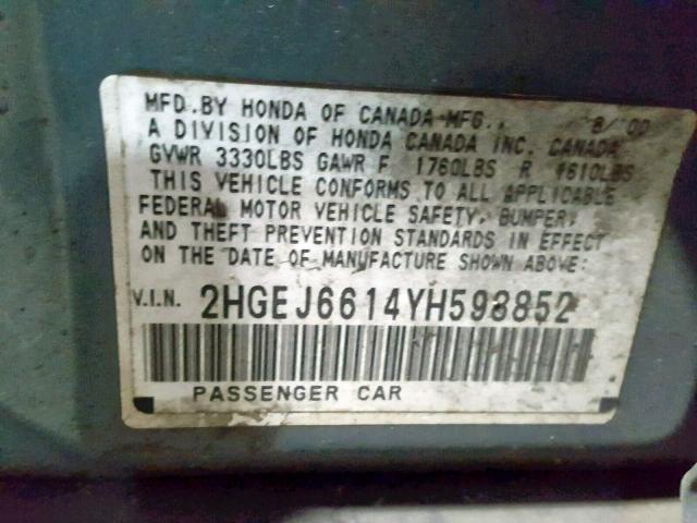 2HGEJ6614YH598852 - 2000 HONDA CIVIC BASE BROWN photo 10
