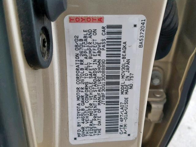 JTHBF30G130088890 - 2003 LEXUS ES 300 GOLD photo 10