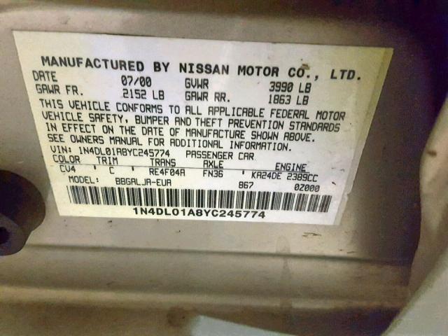 1N4DL01A8YC245774 - 2000 NISSAN ALTIMA XE BEIGE photo 10