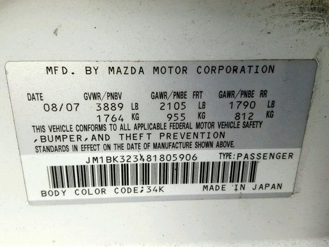 JM1BK323481805906 - 2008 MAZDA 3 S WHITE photo 10