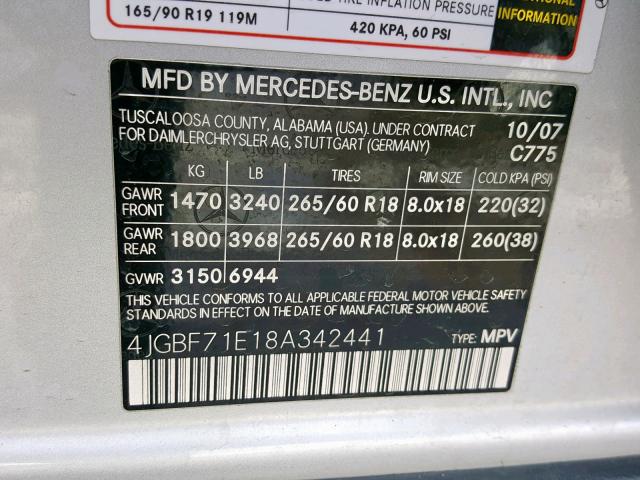 4JGBF71E18A342441 - 2008 MERCEDES-BENZ GL 450 4MA SILVER photo 10