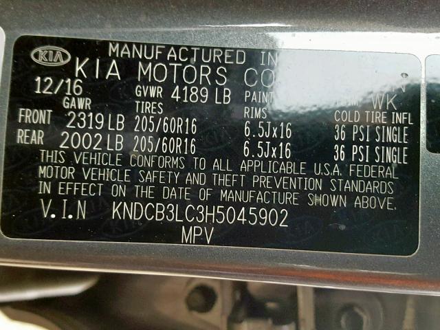 KNDCB3LC3H5045902 - 2017 KIA NIRO FE GRAY photo 10