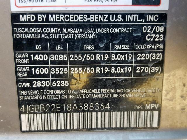 4JGBB22E18A388364 - 2008 MERCEDES-BENZ ML 320 CDI SILVER photo 10