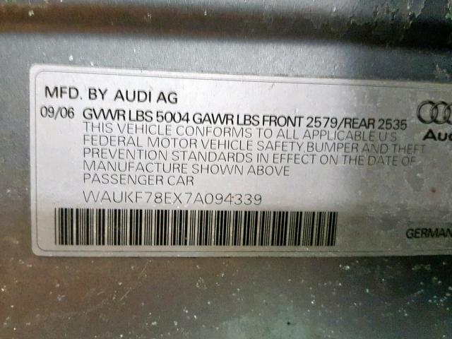 WAUKF78EX7A094339 - 2007 AUDI A4 2.0T AV SILVER photo 10