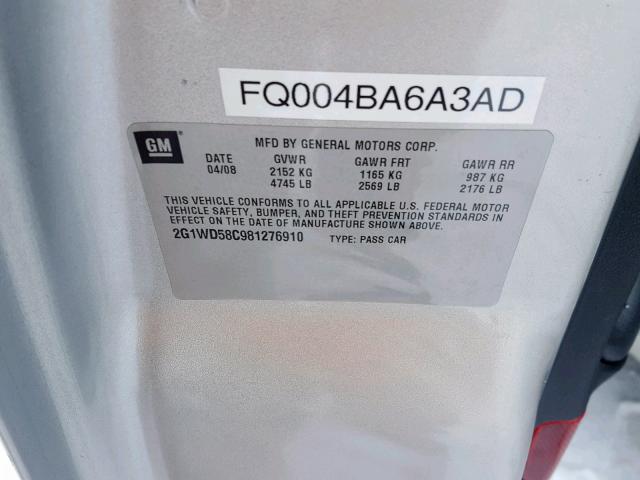 2G1WD58C981276910 - 2008 CHEVROLET IMPALA SUP 银色 照片 10